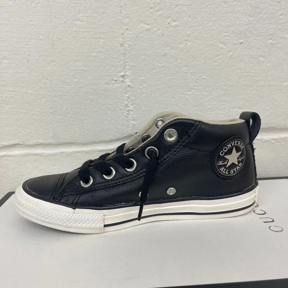 Converse All Star Mid Sneakers Black Leather Lace up 632516C‎ Youth Kids Size 2